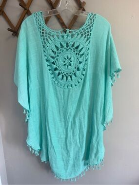 Unbranded Crochet Medallion Back Fringe Poncho Swim Cover Up Turquoise OS